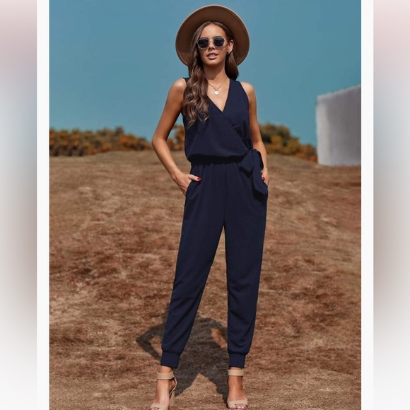 SHEIN Pants - ❄️ SHEIN wrap, side tie Pant Jumpsuit Navy Blue Jogger Style Leg Romper Medium